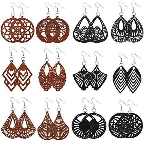 12 Pairs African Wooden Dangle Earrings Round Wood Painted Earring Geometric Pendant Wooden Earrings Lightweight Drop Earrings for Women