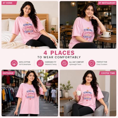 Image of SYARA Oversized Tshirt for Woman Pure Cotton Stretchable | Oversized T Shirt for Women | Premium Breathable Round Neck Half Sleeve Printed Pink Casual T-Shirt