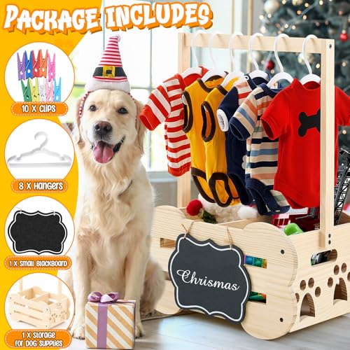 Wooden Dog Wardrobe Closet 20"x15"x9" Pet Goose Outfit Toy Storage Basket Crate with Hanging Rod Bone Shape Organizer Closet for Dog Toy Clothes Accessories with 8 Hanger 10 Clip 1 Small Blackboard - Image 4