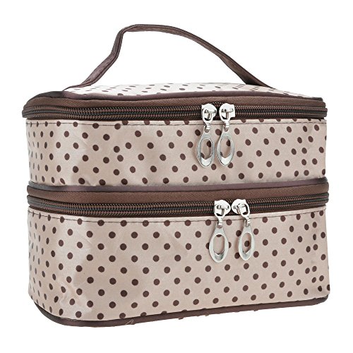 FINEJO Double Layer Cosmetic Bag Black with White Dot Travel Toiletry Cosmetic Makeup Bag Organizer With Mirror
