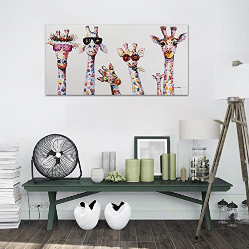 ZHONGYUTONG Graffiti Leinwand Kunstdruck mit Rahmen Giraffe Familie mit Brille Wanddekoration Buntes Tier Bild Poster Lustige Gemälde für Kinderzimmer (20x40cm)