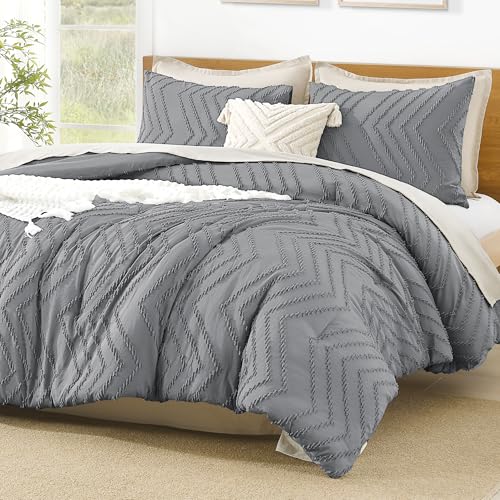 Image of Litanika California King Size Comforter Set Medium Gray, 3 Pieces Chevron Tufted Bedding Set & Collections, All Season Bed Set (104x96In Comforter and 2 Pillow Shams)