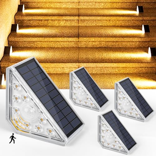 Czemo Luci Solari per Esterni Scale, Luce Solare Esterno Scala con Sensore di Movimento, 1200 mAh 3000K Luce Calda IP67 Impermeabile LED illuminazione per Gradini Esterno Passi Ponte Cortili, 4pcs