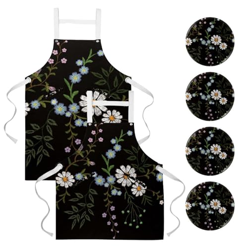 Tablier de cuisine pour nettoyage et pâtisserie, lot de 2 tabliers avec broderie fleur