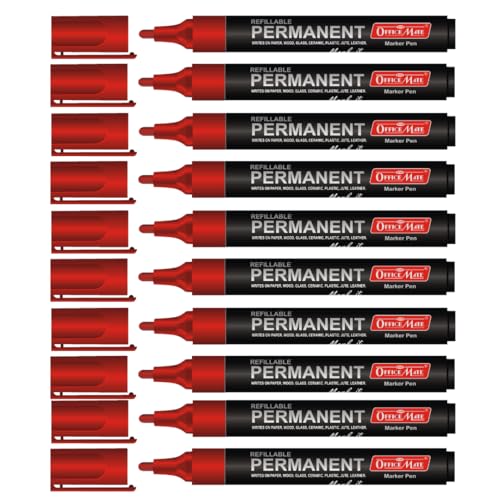 Image of Soni OfficeMate Permanent Marker - Red | Refillable, Thick Barrel Design | Quick-Drying, Waterproof & Fade-Resistant | Alcohol-Based Ink, Non-Bleeding | Multi-Surface Use - Plastic, Glass, Ceramic, | Quick-Drying, Waterproof & Fade-Resistant | Alcohol-Based Ink, Non-Bleeding | Multi-Surface Use - Plastic, Glass, Ceramic