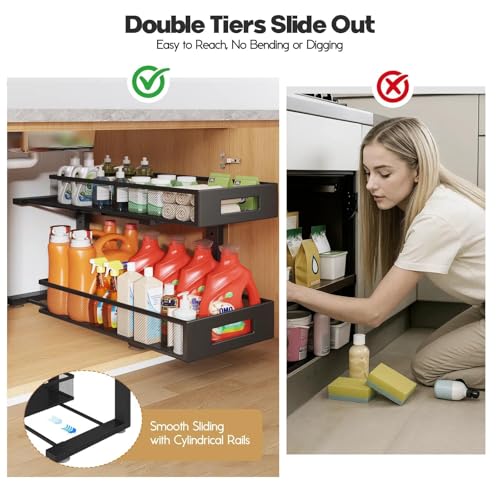 Image of 2 Packs 21IN Depth Under Sink Organizer, 2-Tier Pull Out Cabinet Organizer With Smooth Circular Rail, Large Capacity Metal Mesh Sliding Drawers For Bathroom& Kitchen Storage,Height Adjustable-Black