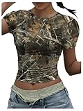 BEAUDRM Women's Y2k Camo Print Crop Tee Top Crew Neck Short Sleeve Slim Fit T Shirts 90s Streetwear Multicolor Large