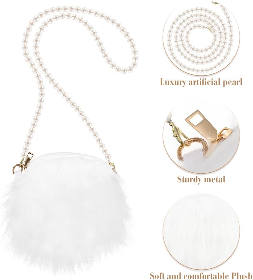Crossbody Bag Plush Pearl Chain Cellphone Purse Small Fuzzy Shoulder Pouch for Women Ladies Girls - White 7.87 X 7.87 X 1.18 Inches - Image 6