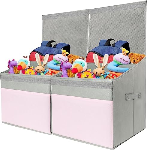 HOME SHARON 2 Pcs Toy Box Chest, Collapsible Toy Storage Cubes with Lid, Large Toy Organizer Cubes Boxes Bins Baskets for Boys and Girls, Kids Nursery Room