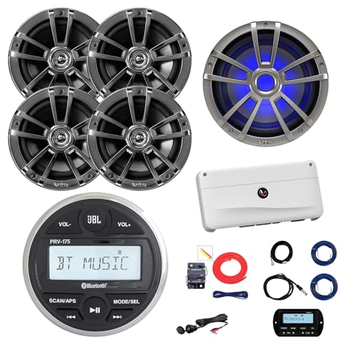 JBL PRV-175 Marine Gauge Hole Mount USB Bluetooth AM/FM Digital Stereo Receiver Remote Cable 4X 6.5 225W Max RGB LED Chrome Speakers Wire 10 Subwoofer 5-CH Amp Kit Antenna USB/AUX Adapter