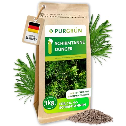 Purgrün® Schirmtanne-Dünger 1 kg – Leuchtend grüne Nadeln dank extra Magnesium – Verbessert die Bodenqualität mit Tonmineralien – Ergiebiges Krümelgranulat für ca. 5-6 Schirmtannen – chloridarm