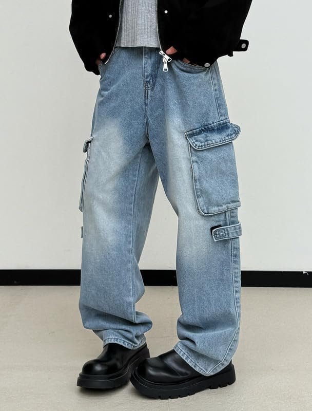 LOGEQI Mens Baggy Cargo Jeans Wide Leg Hip Hop Jeans Streetwear Loose Fit Denim Pants - Image 3