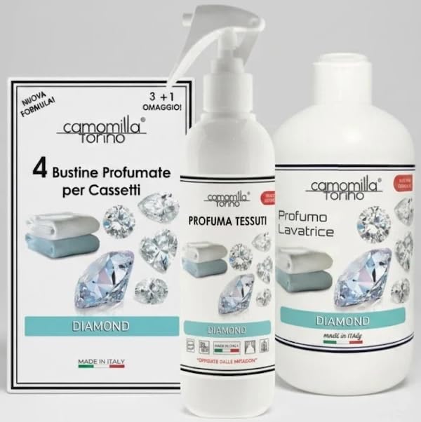 Camomilla Torino Tris Diamond Profumo Lavatrice 500 ml - 2 OMAGGI: Spray Tessuti 250 ml + 4 Buste Profumate per armadi e Cassetti | Essenza Bucato Concentrata Made in Italy.