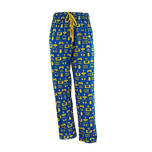 Wide Leg Men's Lounge Pants, Comfy Men's PJ Pants, Lightweight Jersey Fabric Pajama Pants with Fun Graphic Prints, Elastic Waistband, and Side Pockets (Gamer Print, Blue, 2X-Large)
