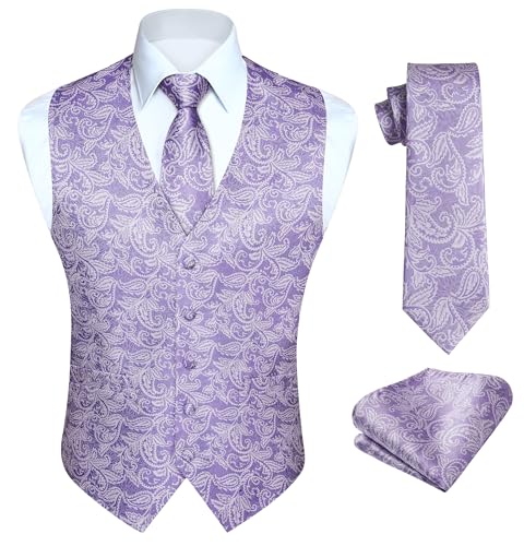 Image of HISDERN Vest and Tie Sets for Men Vests Paisley Floral Jacquard Necktie Pocket Square 3PCS Waistcoat for Suit or Tuxedo