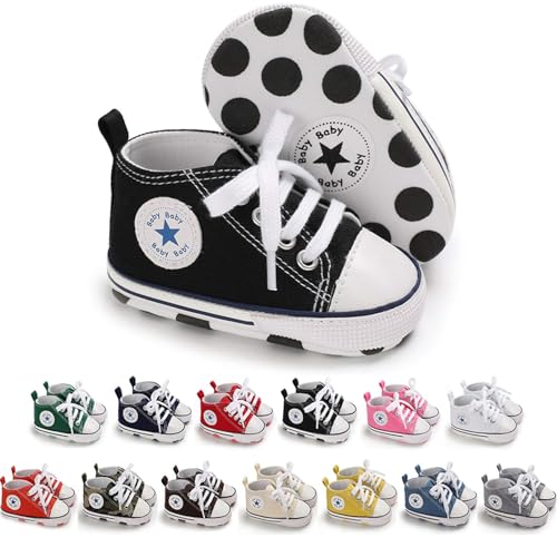 Image of KIDSUN Unisex Baby Boys Girls High Top Sneaker Soft Anti-Slip Sole Newborn Infant First Walkers Canvas Denim Shoes