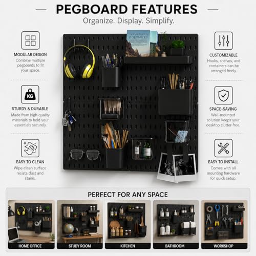 Image of Gifts Island Pegboard Wall Organiser Set with 4 Boards, 16 Accessories & Self-Adhesive Stickers, Customisable Storage System for Office, Kitchen, Pegboard Wall Hanging (20, Black)