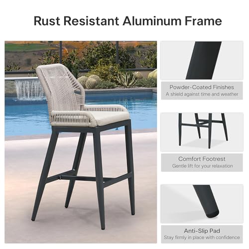 Image of PURPLE LEAF Bar Stool 1 Piece Outdoor Bar Height Metal Stool Modern Wicker Rattan Barstools with Back Aluminum Outside Garden Patio Bar Chair, Dark Grey