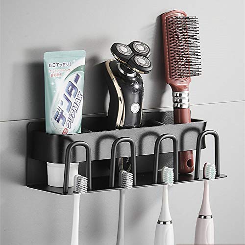 Wall Mounted Toothbrush Holders For Bathrooms Shower Wall Organizer No Drilling For Wall, Space Aluminum Material Black ( 4 Slots ) #TOP3