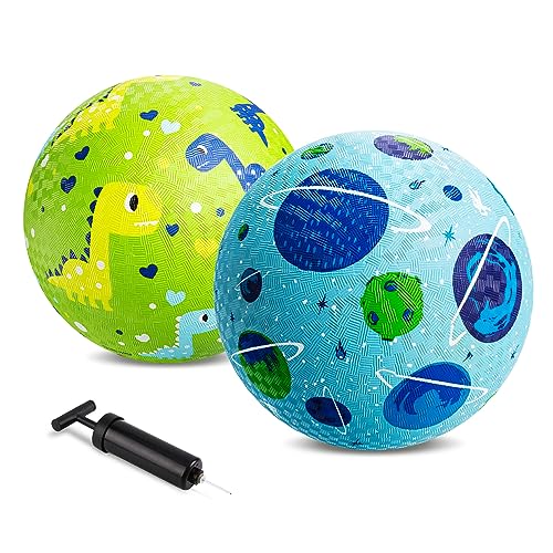 Pack of 2 Cartoon Playground Balls, Balls for Toddler 3-12, 8.5" Rubber Ball Bouncy Kickball, Indoor & Outdoor Ball Game for Kids with Pump