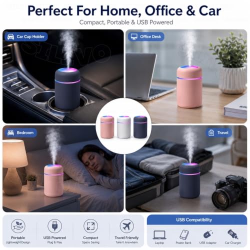 Image of Portable USB Humidifier with 7 Color LED Night Light, Ultra Quiet Cool Mist Humidifier for Bedroom, Office, Car & Home, BPA Free Air Mist Diffuser for Better Sleep & Relaxation by ComSaf (Multi Color)