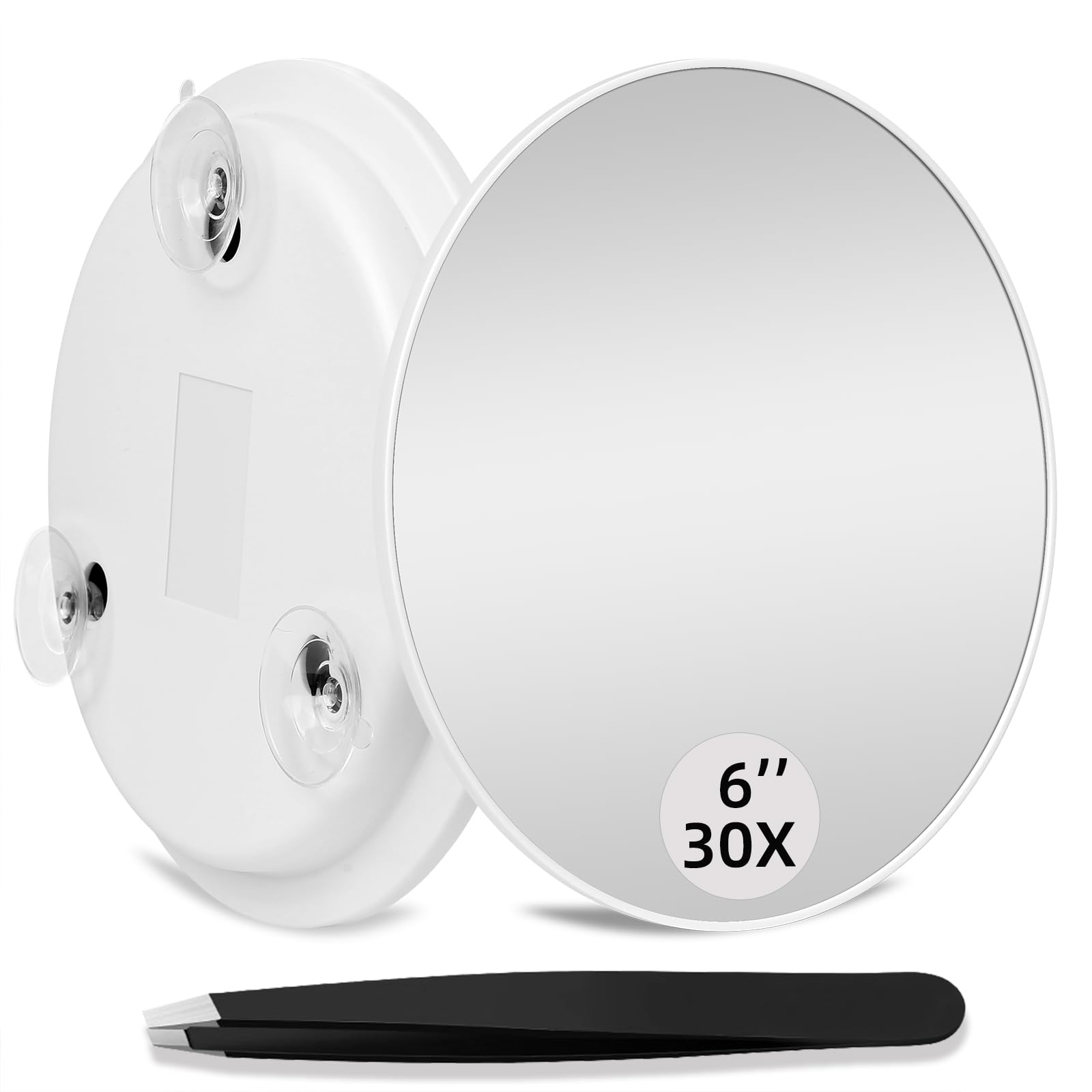 30X Makeup Magnifying Mirror, Round 6inch Travel Magnified Mirror with 3 Suction Cups Mounting, 30X Handheld Travel Magnification and Tweezers Kit - for Detailed Makeup, Blackhead/Blemish Removal