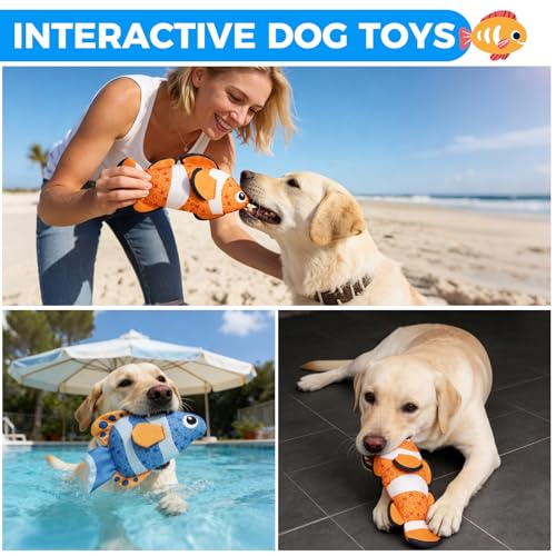 Image of Mihachi Floating Dog Water Pool Toys 2 Pack for Swimming Pool, Interactive Crinkle Pet Puppy Chew Toys for Play and Training, Funny Fish Toy for Small Medium Large Breed, Blue & Orange Fish