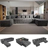 MONVANE Modular Sectional Cloud Couch for Living Room - 130'' 4 Seater Convertible Chenille Couches Set with Ottoman, No Assembly Compression Sofas, Comfy Floor Sofa with Memory Foam, Dark Grey