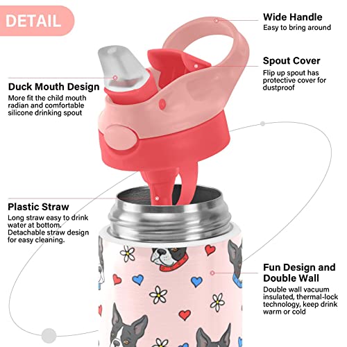 Alaza Dog Floral Hearts Kids Water Bottles With Lids Straw Insulated Stainless Steel Water Bottles Double Walled Leakproof Tumbler Travel Cup For Girls Boys Toddlers 12 Oz,Pink #TOP3