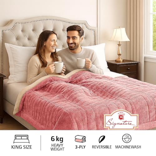 Image of Signature 3-Ply Faux Rabbit Fur Blanket King Size | Ultra Soft Heavy Weight Quilt-Feel Blanket | 6kg Luxury Winter Comforter for Bed Ideal for Heavy Winters (Pink Bricks)