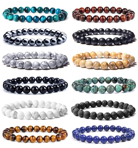 SAMOCO 12Pcs Tiger Eye Bracelet For Men 8MM Natural Stone Beads Bracelet Set Stretch Lava Rock Bracelets Adjustable Black Crystal Beaded Bracelet for Men Women Gifts