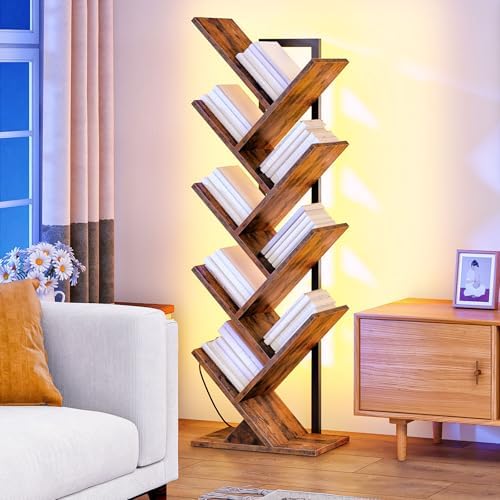 HOOBRO Tree Bookshelf, 9-Tier Bookcase with LED Lights, Space-Saving Book Shelf, Holds Books, CDs, Floor Standing Bookcase for Office, Living Room, Bedroom, Rustic Brown and Black BF08DSJ01
