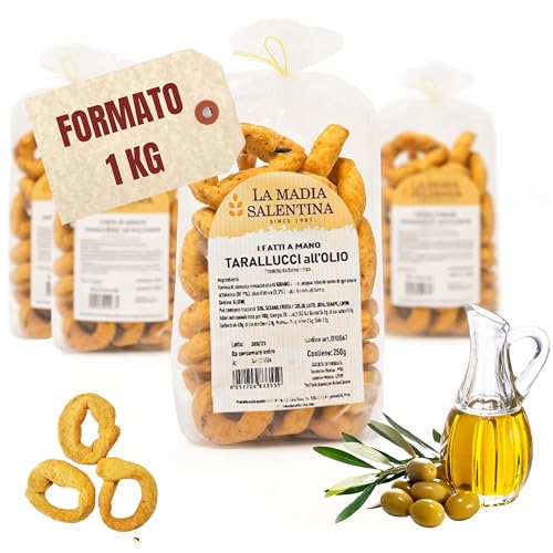 Tarallucci Salentini all’Olio di Oliva EVO 1 Kg, Artigianali al Forno - Taralli Pugliesi Croccanti Tradizionali del Salento - Tarallini Snack Salato Tipico della Puglia (4x250g, Olio di Oliva)