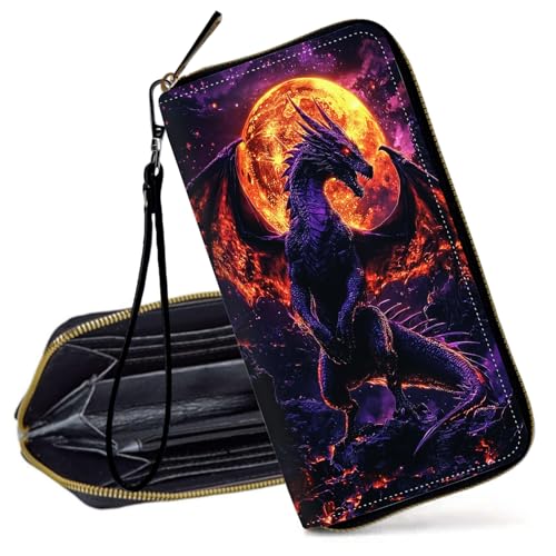 RFID Blocking Wristlet Wallet for Women – Slim PU Leather Zipper Clutch, Cute Credit Card Holder Purse with Wrist Strap for Ladies,Black Fire Dragon