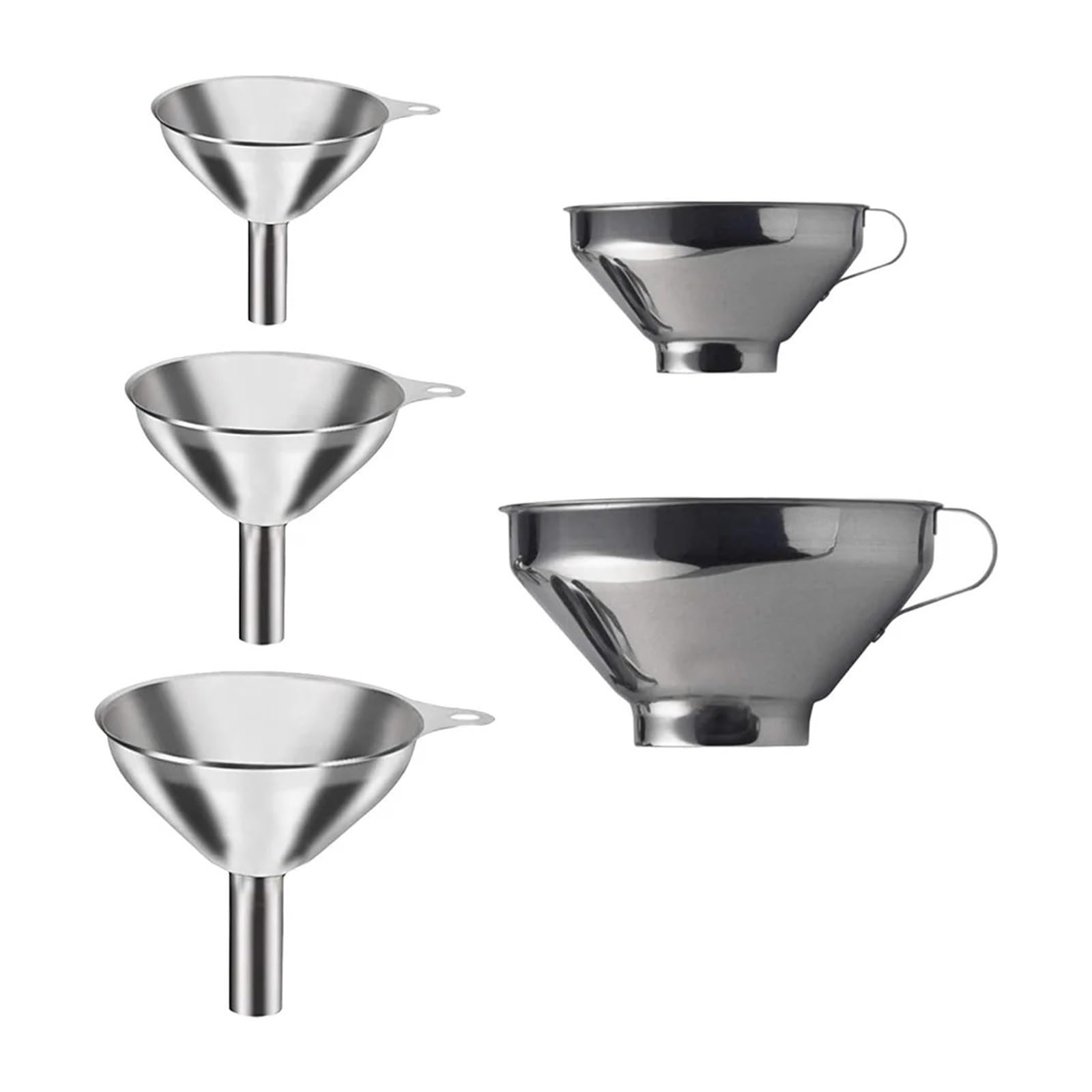 Embudo de acero inoxidable Paquete de 5 embudos de acero inoxidable plateados de varios tamaños, accesorios de cocina