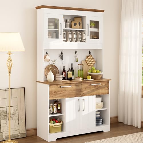 VLIVRA Armario de cocina con 2 cajones y barra de ganchos, armario alto con vitrina y compartimentos abiertos para cocina y comedor, color blanco