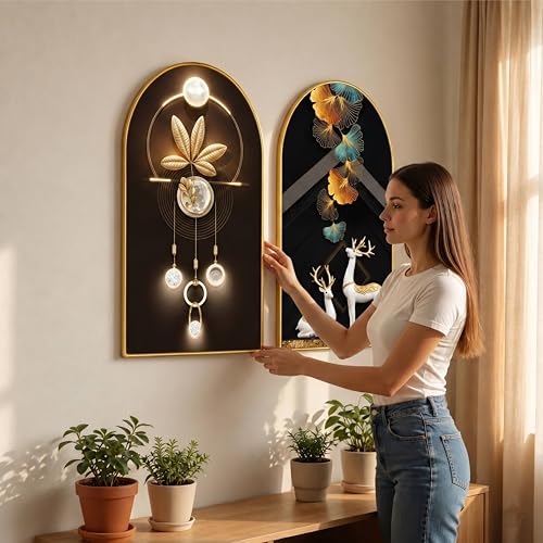 Image of Livin'luxe Set of 2 Abstract Wall Painting for Living Room, Deer & Golden Leaf Modern Artwork, PVC Golden Frame, Arch Shape Wall Decor for Bedroom, Hall, Office & Gift (30 x 32 Inch) RPNL-02-110
