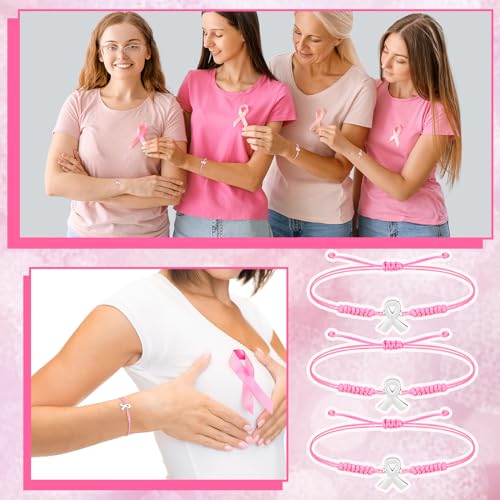 Sasylvia 20/50/100 Pcs Breast Cancer Awareness Bracelets Adjustable Cord Stretch Pink Ribbon Braided Bracelets Breast Cancer Gifts for Women4