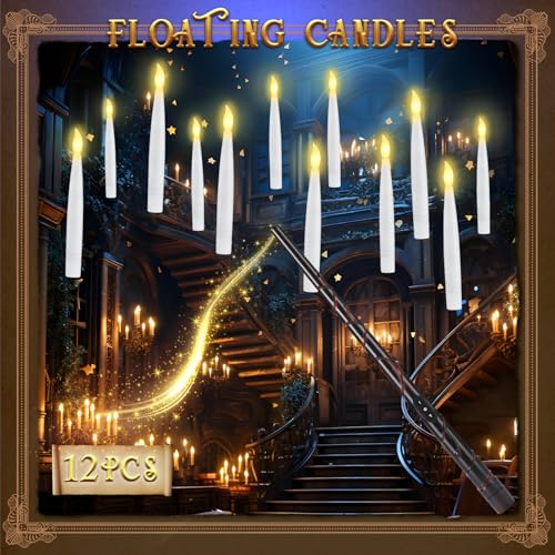 Image of Halloween Decorations, Floating Candles with Wand, 12 Pcs Flameless Candles Flickering Light, 6H Timer, Magic Hanging LED Candles with Clips Halloween Christmas Decorations Home Decor Indoor Outdoor