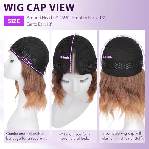 Image of Eawwii Wigs for Women Brown to Honey Blonde,Short Wavy Synthetic Lace Wig | Glueless 4x1 Lace Hairline, Heat-Resistant Fiber,Bob Wave Style,Natural Appearance for Everyday Cosplay 14 Inch