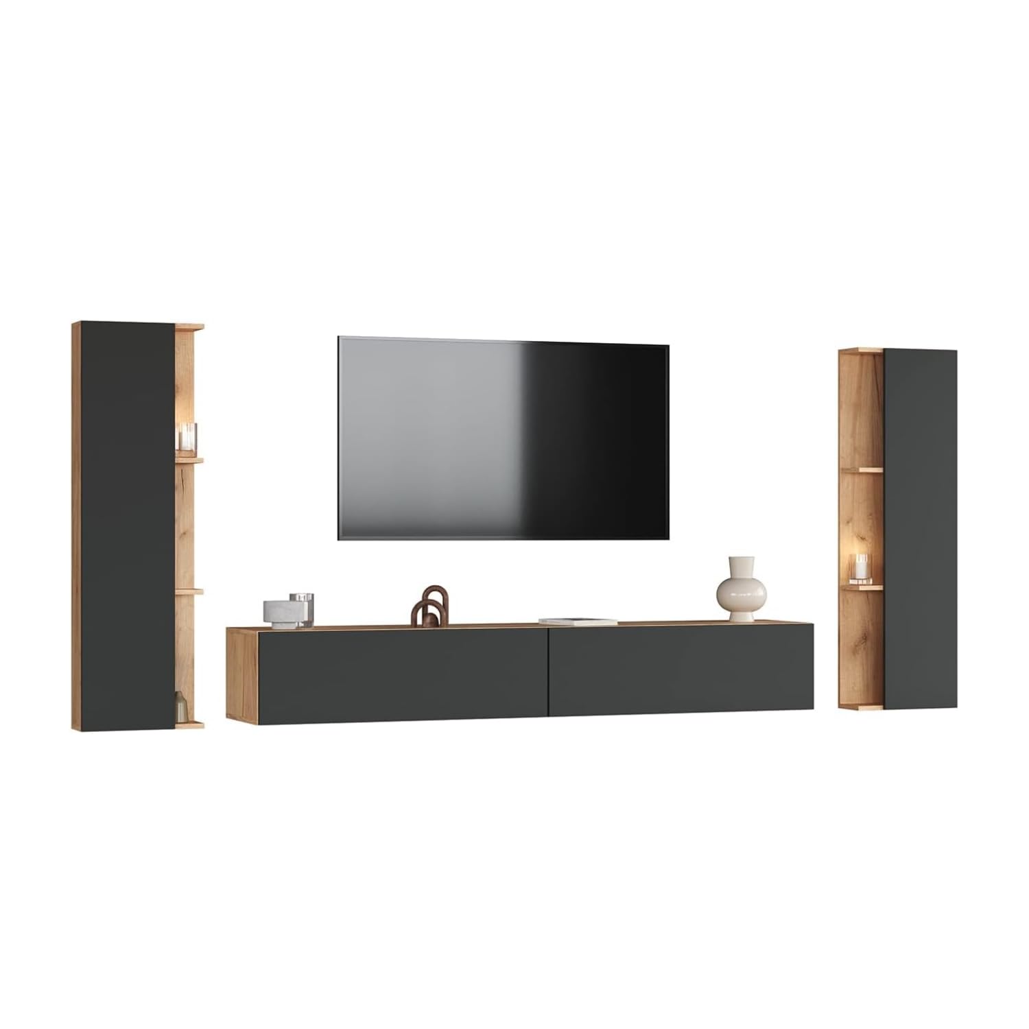 Planetmöbel TV Wohnwand Wohnzimmer 2X 100 cm Gold Eiche/Anthrazit, mit 2X 40cm Seitenschränken Gold Eiche/Anthrazit
