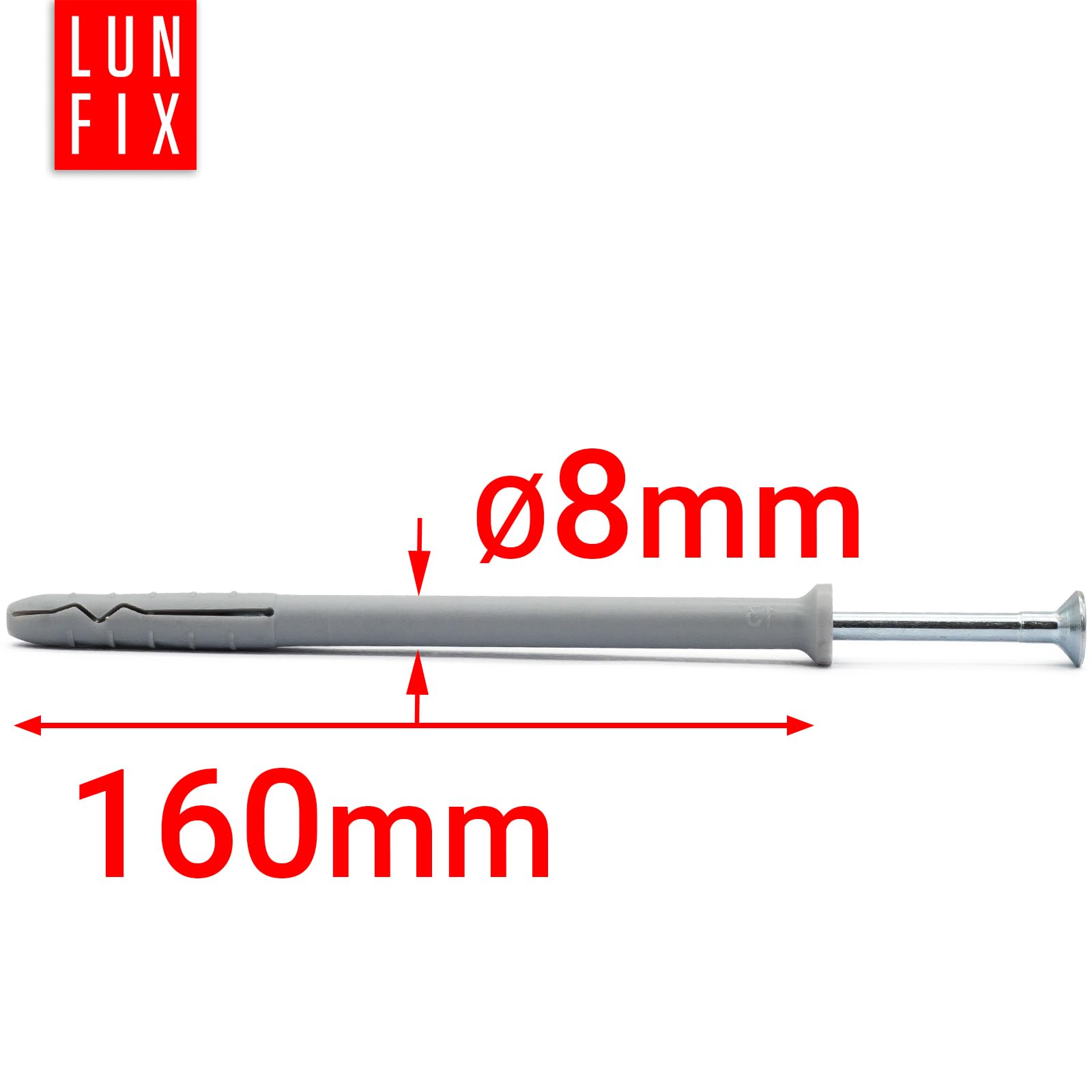 Taco de golpe 8,0 x 160 mm 100 uds, tacos con tornillo de acero galvanizado, tacos para pladur y hormigón, anclaje pared y montaje rápido con clavo metálico profesional, Lun Fix