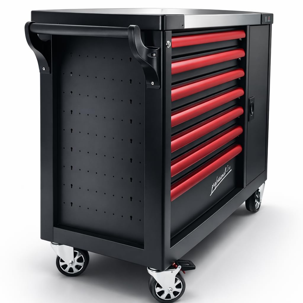 DeTec. Chariot à outils XXL rempli d'outils | 7 tiroirs équipés | Servante d'atelier automobile aspect carbone | Boîte à outils de voiture équipée d'outils professionnels