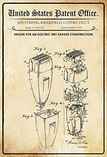 Patent Entwurf Elektrorasierer Blechschild Metallschild Schild Metal Sign 20 x 30 cm