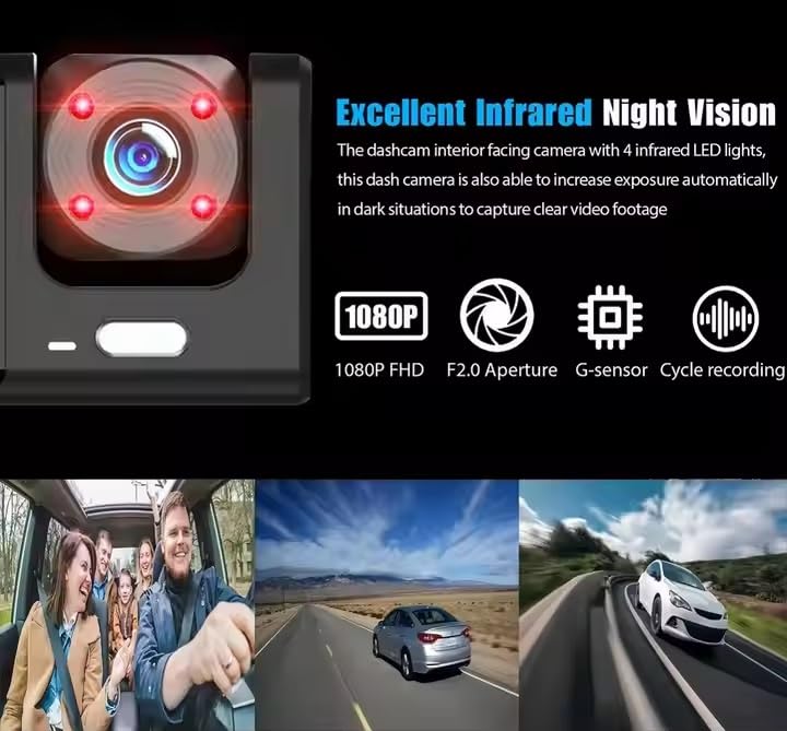 Image of CLOUDSALE WiFi 3 Lens Car Dash Camera 1080P DVR | Triple Channel DashCam Front Inside Rear | IR Night Vision | Loop Recording | 24H Parking Monitor | Car Black Box Video Recorder with Reversing Camera