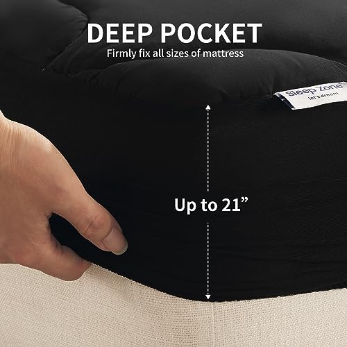 SLEEP ZONE Full Size Mattress Pad, Cooling Mattress Topper, Quilted Fitted Mattress Cover, Machine Washable Mattress Protector, Soft Fluffy Down Alternative, Deep Pocket 8~21 inch (Black, Full)