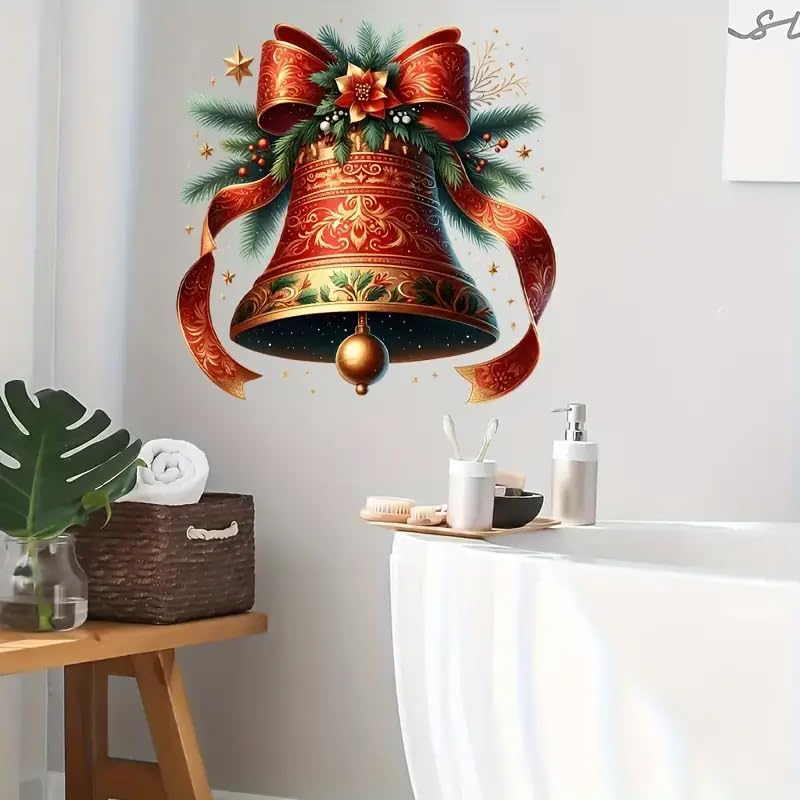 Christmas Bow Bell Toilet Cover Sticker Decals,Fish Bird Flower Leaf Waterproof Toilet Lid Tank Seat Decals Cistern Self-Adhesive Bathroom Wall Sticker