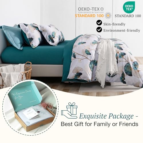 MILDLY 100% Long-Staple Cotton Duvet Cover Set Teal Green Gingko Leaf Pattern Printed Comforter Cover 3pcs, Ultra Soft & Breathable Bedding Set