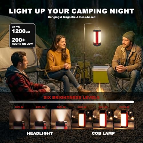 Linterna de Camping Recargable Portátil Hoxutym 1200LM LED Luz de Camping con Diseño COB Plegable 300°, Batería 6000mAh USB-C Luz de Trabajo Magnética con Gancho para Emergencias miniatura 2