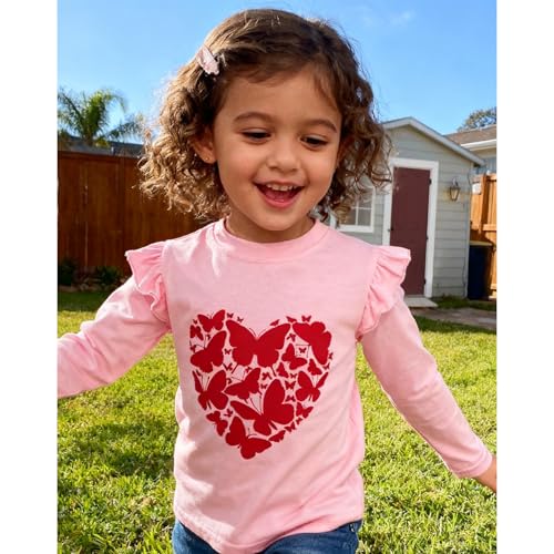 Image of Girls Valentine's T-Shirt Kids Loved Butterfly Tee Toddler Be Mine Heart Tops Love is Magic Ruffle Long Sleeves 2-7T